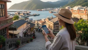 Tourist using mobile internet while exploring Keelung harbor area in Taiwan