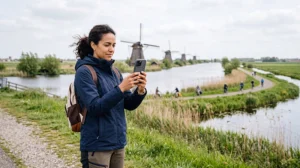 Tourist using mobile internet while visiting the windmills at Kinderdijk in the Netherlands