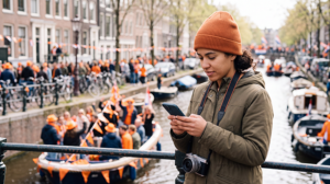 Tourist using mobile internet during King’s Day celebrations in the Netherlands