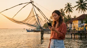 Tourist using mobile internet in Kochi with an India eSIM