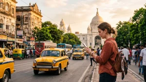 Tourist using mobile internet in Kolkata with an India eSIM