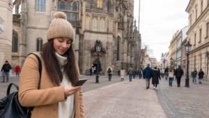 Visitor checking a smartphone on Hlavná Street near St Elisabeth Cathedral in Košice.