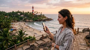 Tourist using an India eSIM while travelling in Kovalam, Kerala