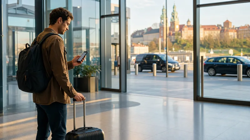 Traveller checking onward directions with mobile internet at Kraków Airport.