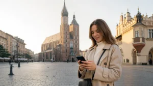 Traveller using mobile internet in Kraków Old Town.