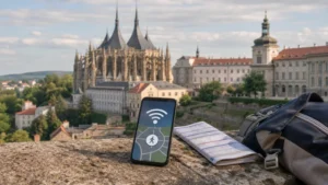Tourist internet planning near St Barbara’s Cathedral.
