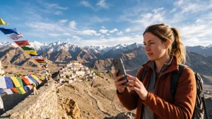 Tourist using an India eSIM while travelling in Ladakh