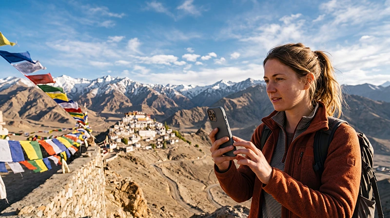 Tourist using an India eSIM while travelling in Ladakh
