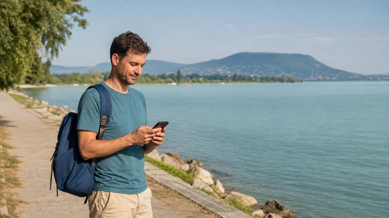 Traveller using a smartphone by Lake Balaton in Hungary