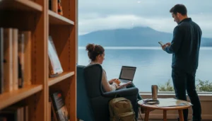 Travellers using WiFi and mobile internet while planning a trip around Lake Taupo in New Zealand