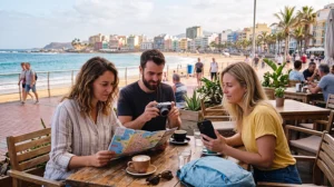 Tourists using mobile internet while exploring Las Palmas de Gran Canaria
