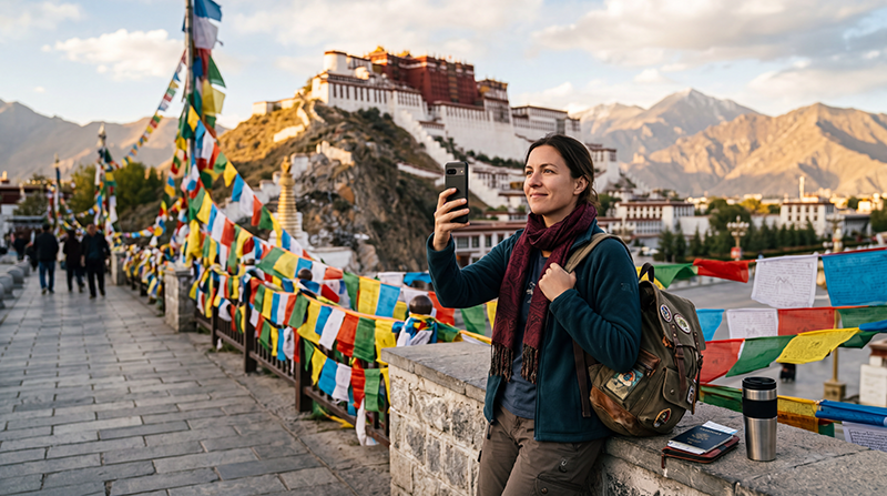 Tourist using mobile internet while exploring Lhasa