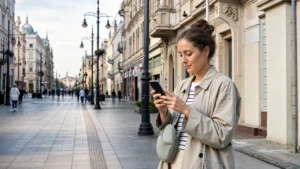 Traveller using mobile internet on Piotrkowska Street in Łódź.
