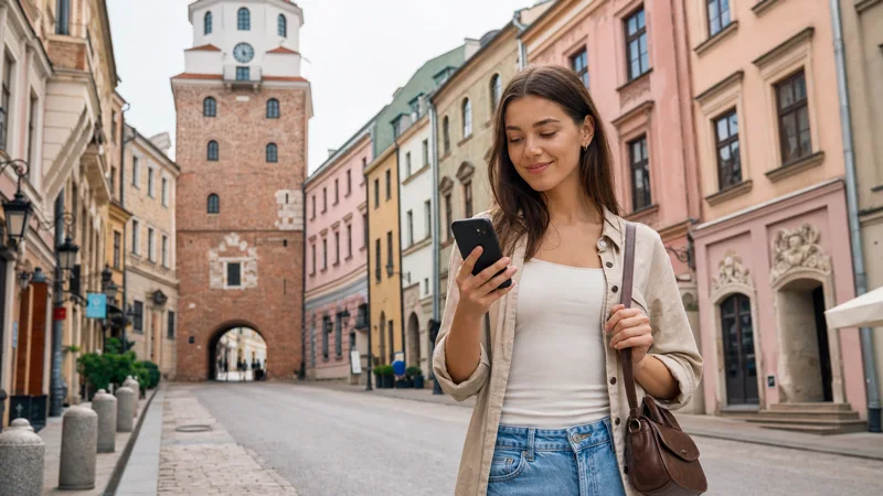Traveller using mobile internet near Lublin Old Town.