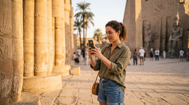 Tourist using mobile internet while visiting Luxor Temple in Egypt