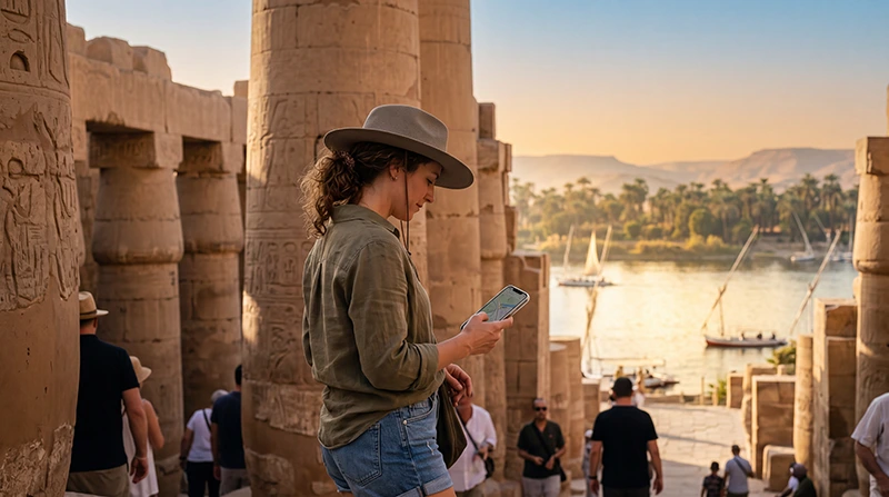 Tourist using mobile internet while visiting Luxor Egypt
