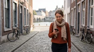 Tourist using mobile internet while exploring Maastricht in the Netherlands