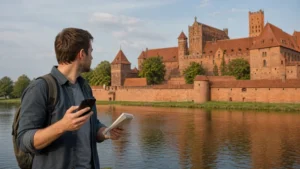 Traveller using a smartphone with Malbork Castle in the background.