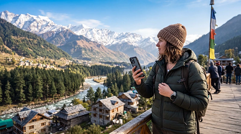 Tourist using an India eSIM while travelling in Manali