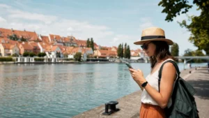 Traveller checking mobile data beside the Drava River in Maribor.