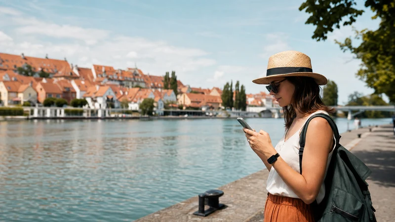 Traveller checking mobile data beside the Drava River in Maribor.