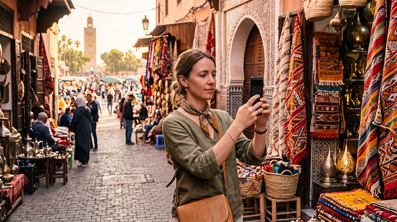 Tourist using mobile internet in Marrakech Morocco