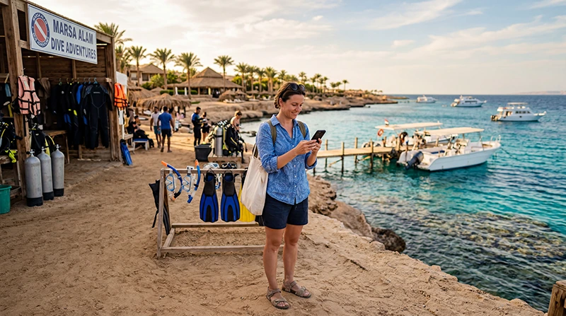 Tourist using mobile internet for diving trips in Marsa Alam Egypt