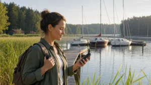 Traveller using mobile internet beside a marina in the Masurian Lakes.