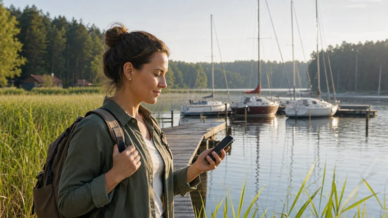 Traveller using mobile internet beside a marina in the Masurian Lakes.
