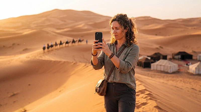 Tourist using mobile internet near Merzouga Morocco
