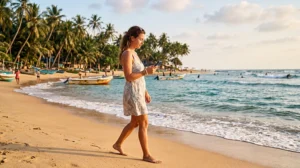 Tourist using mobile internet while exploring Mirissa Beach in Sri Lanka