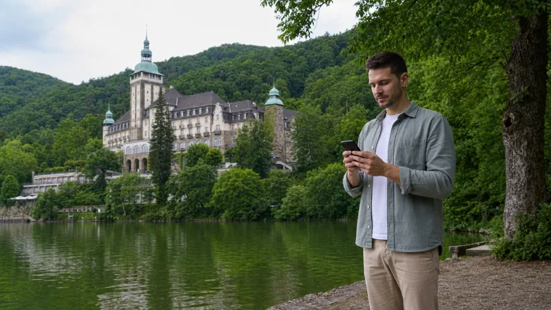 Tourists using mobile internet while exploring Miskolc city centre in Hungary