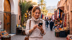 Tourist using mobile internet while traveling in Morocco
