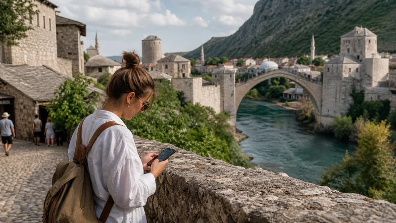 Traveller using a smartphone during internet in mostar for tourists in Bosnia and Herzegovina.