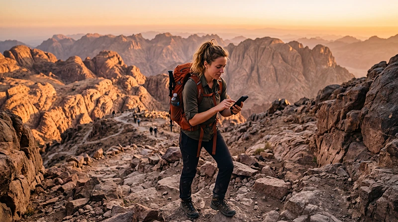 Tourist using mobile internet while visiting Mount Sinai in Egypt