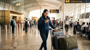 Traveler accessing mobile internet after arriving at Mumbai Airport