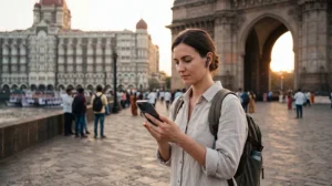 Tourist using mobile internet in Mumbai with an India eSIM