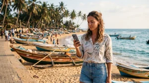 Tourist using mobile internet near Negombo Beach in Sri Lanka