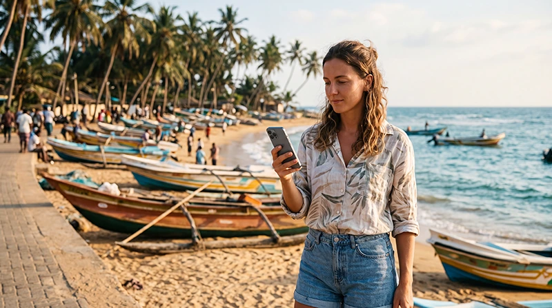 Tourist using mobile internet near Negombo Beach in Sri Lanka