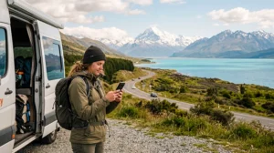 Tourist using mobile internet during a scenic New Zealand road trip