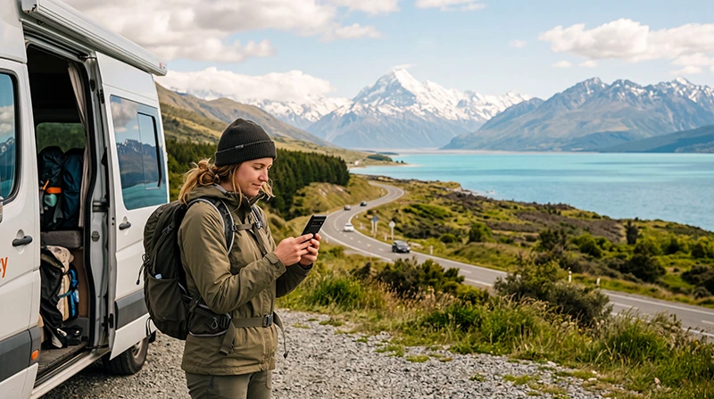 Tourist using mobile internet during a scenic New Zealand road trip