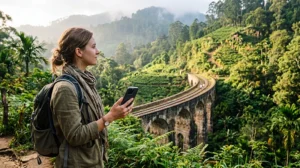 Tourist using mobile internet while visiting the Nine Arch Bridge in Ella, Sri Lanka