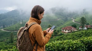 Tourist using mobile internet among the tea plantations of Nuwara Eliya in Sri Lanka