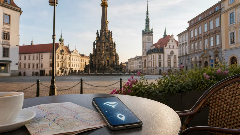 Tourist internet planning in Olomouc Upper Square.