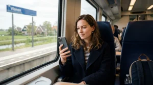 Traveller using mobile internet while riding a train in the Netherlands
