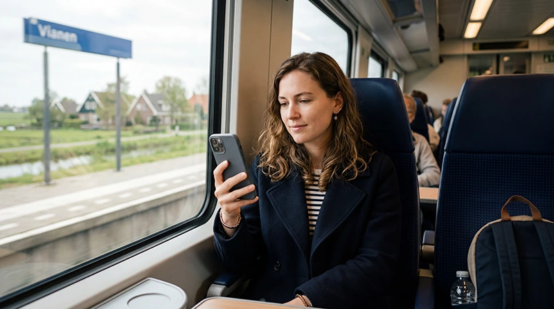 Traveller using mobile internet while riding a train in the Netherlands