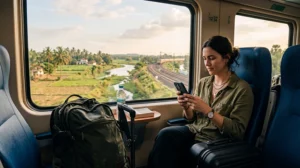 Traveler using an India eSIM and mobile internet on an Indian train