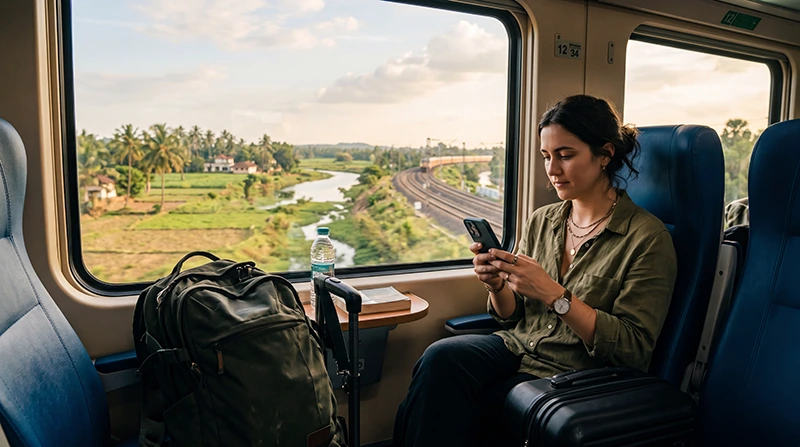 Traveler using an India eSIM and mobile internet on an Indian train