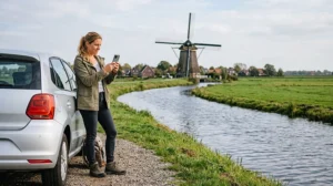 Traveller using mobile internet during a road trip through the Netherlands
