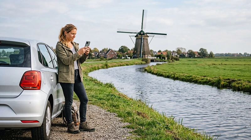 Traveller using mobile internet during a road trip through the Netherlands